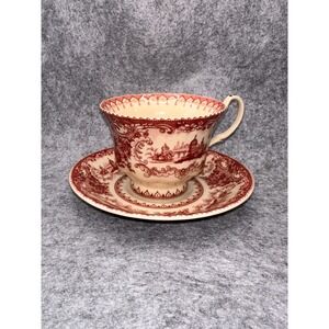 Burton & Burton Red Transferware Tea Cup and Saucer Set Scenic Landscape Ceramic